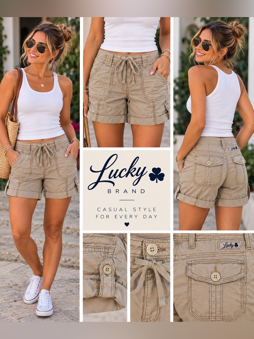Lucky Brand Easy Fit Khaki Cargo Shorts Size 8/29 Roll Tab Utility